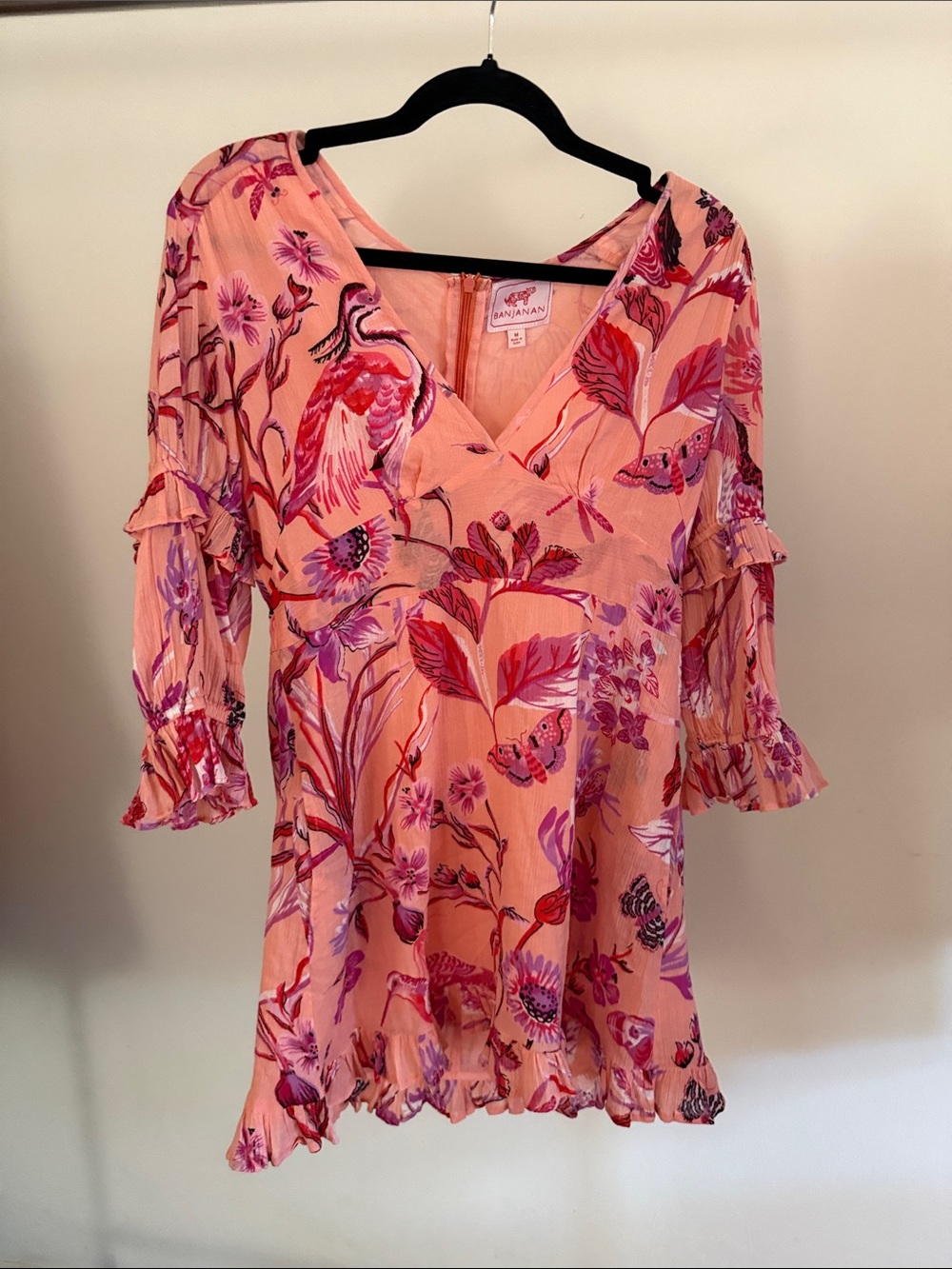 Banjanan Coral Pink Floral & Bird V-Neck Mini Dress